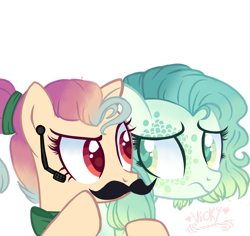 Size: 1920x1809 | Tagged: safe, artist:mint-light, artist:nightingalewolfie, oc, oc only, oc:justice jewel, oc:precious prentiss, earth pony, pony, base used, bust, duo, earpiece, earth pony oc, fake moustache, female, headworn microphone, mare, simple background, transparent background, worried