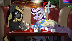 Size: 3840x2160 | Tagged: safe, artist:brainiac, derpibooru exclusive, oc, oc:blackjack, oc:foxtrot, oc:knick knack, oc:whiskey lullaby, pony, unicorn, fallout equestria, fallout equestria: project horizons, badge, cafe, con badge, fall guys, high res, horn, kniskey, plushie, small horn, unshorn fetlocks