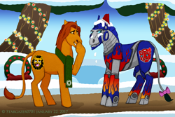 Size: 2993x2004 | Tagged: safe, artist:stargazerseven, pony, bow, cross-popping veins, crossover, duo, high res, leonine tail, mufasa, optimus prime, ponified, raised hoof, snow, tail bow, the lion king, transformers