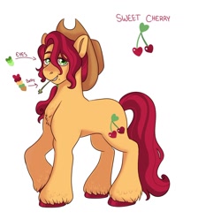 Size: 1280x1269 | Tagged: safe, artist:etchnsketches, oc, oc only, oc:sweet cherry, earth pony, pony, cowboy hat, hat, magical lesbian spawn, male, offspring, parent:applejack, parent:cherry jubilee, parents:cherryjack, simple background, solo, stallion, stetson, straw in mouth, white background
