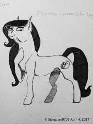 Size: 1224x1632 | Tagged: safe, artist:stargazerseven, oc, oc only, oc:eloquence, earth pony, pony, earth pony oc, hoof on chest, lineart, monochrome, solo, traditional art