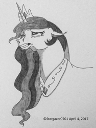 Size: 1224x1632 | Tagged: safe, artist:stargazerseven, princess celestia, alicorn, pony, g4, bust, female, jewelry, lineart, looking up, mare, monochrome, peytral, sad, tiara, traditional art