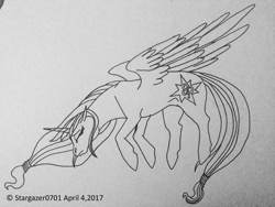 Size: 1632x1224 | Tagged: safe, artist:stargazerseven, clover the clever, alicorn, pony, g4, alicornified, eyes closed, female, flying, lineart, mare, monochrome, race swap, solo, traditional art