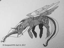 Size: 1632x1224 | Tagged: safe, alternate version, artist:stargazerseven, clover the clever, alicorn, pony, g4, alicornified, eyes closed, female, flying, lineart, mare, monochrome, race swap, solo, traditional art
