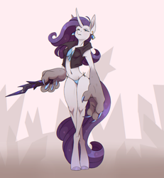 Size: 2425x2623 | Tagged: safe, artist:1an1, rarity, diamond dog, dog, hybrid, unicorn, anthro, unguligrade anthro, g4, belly button, bra, breasts, clothes, crystal, curved horn, diamond dogified, ear piercing, earring, high res, horn, jewelry, panties, partial transformation, paws, piercing, raridog, species swap, thong, underwear, vest