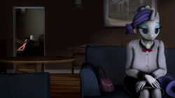 Size: 1920x1080 | Tagged: safe, artist:litterpaws, rarity, unicorn, anthro, g4, 3d, couch, doing hurtful things, purse, sad