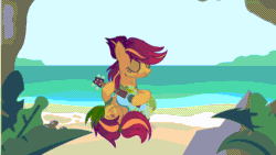 Size: 1920x1080 | Tagged: safe, artist:pandanadane, oc, oc only, oc:tropical oasis (ice1517), earth pony, pony, acoustic guitar, animated, beach, bush, commission, cute, eyes closed, female, freckles, gif, guitar, jewelry, leaf, mare, markings, musical instrument, necklace, ocean, raised hoof, sand, sitting, solo, water, ych result