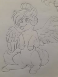 Size: 720x960 | Tagged: safe, artist:silentwolf-oficial, oc, oc only, pegasus, pony, :p, grayscale, lineart, monochrome, pegasus oc, sitting, tongue out, traditional art, wings