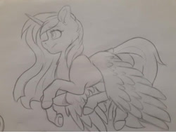 Size: 960x721 | Tagged: safe, artist:silentwolf-oficial, oc, oc only, alicorn, pony, alicorn oc, grayscale, horn, lineart, monochrome, solo, traditional art, wings
