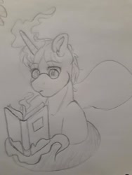 Size: 720x960 | Tagged: safe, artist:silentwolf-oficial, oc, oc only, pony, unicorn, book, bust, glasses, glowing horn, grayscale, horn, lineart, magic, monochrome, reading, solo, telekinesis, traditional art, unicorn oc