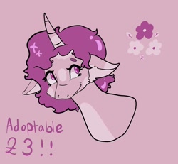 Size: 1080x996 | Tagged: safe, artist:dellieses, oc, oc only, pony, unicorn, bust, horn, pink background, simple background, smiling, solo, unicorn oc