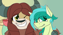 Size: 3840x2160 | Tagged: safe, artist:sintakhra, sandbar, yona, earth pony, pony, yak, tumblr:studentsix, g4, cute, duo, duo male and female, eye clipping through hair, female, gradient background, high res, larger female, male, one eye closed, sandabetes, ship:yonabar, shipping, size difference, smaller male, story included, straight, wink, yonadorable