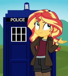 Size: 1024x1144 | Tagged: safe, artist:emeraldblast63, sunset shimmer, equestria girls, g4, amy pond, clothes, cosplay, costume, doctor who, jacket, leather, leather jacket, shorts, tank top, tardis