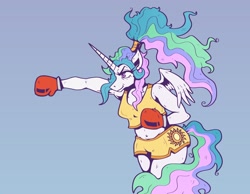 Size: 1900x1478 | Tagged: safe, artist:goblinspell, princess celestia, alicorn, anthro, g4, alternate hairstyle, boxing, boxing gloves, clothes, female, gradient background, hair wrap, punch, shorts, solo, sports
