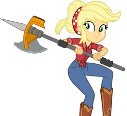 Size: 1575x1440 | Tagged: safe, artist:gmaplay, applejack, equestria girls, g4, clothes, halberd, jeans, pants, simple background, solo, transparent background, weapon