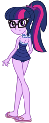 Size: 616x1547 | Tagged: safe, artist:gmaplay, sci-twi, twilight sparkle, equestria girls, g4, my little pony equestria girls: better together, ass, bow swimsuit, butt, clothes, female, glasses, one-piece swimsuit, ponytail, sandals, sci-twi swimsuit, sci-twibutt, simple background, solo, swimsuit, transparent background, twibutt, vector