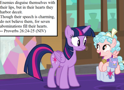 Size: 891x648 | Tagged: safe, edit, edited screencap, editor:korora, screencap, cozy glow, twilight sparkle, alicorn, pony, g4, school raze, bag, bible, book of proverbs, bow, christianity, cropped, hair bow, inset, mailbag, proverb, religion, saddle bag, school of friendship, tail bow, twilight sparkle (alicorn)