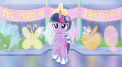 Size: 5750x3150 | Tagged: safe, artist:devfield, twilight sparkle, alicorn, pony, mlp fim's tenth anniversary, g4, absurd resolution, banner, building, bush, clothes, crepuscular rays, crown, crystal, crystal empire, cute, cutie mark, doorway, female, flower, folded wings, glowing, happy birthday mlp:fim, hoof shoes, horn, jewelry, mare, raised hoof, reflection, regalia, show accurate, smiling, solo, sparkles, stairs, street, tail accessory, twiabetes, twilight sparkle (alicorn), vector, window, wings