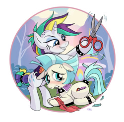 Size: 1280x1260 | Tagged: safe, artist:priscilla tramontano, coco pommel, rarity, earth pony, pony, unicorn, g4, alternate hairstyle, bracelet, circle background, clothes, dexterous hooves, do not want, duo, duo female, evil smile, female, grin, haircut, jewelry, lip bite, makeover, mare, nervous, punk, raripunk, scissors, smiling, vest