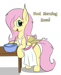 Size: 1743x2120 | Tagged: safe, artist:wapamario63, fluttershy, pegasus, pony, apron, baking, bipedal, bowl, clothes, colored, female, good morning, housewife, implied anon, mare, morning, morning ponies, naked apron, offscreen character, open mouth, pink panties, signature, simple background, smiling, table, tail, talking, transparent background, whisk, wings