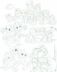 Size: 3200x4000 | Tagged: safe, artist:symbianl, apple bloom, applejack, fluttershy, marble pie, pinkie pie, rainbow dash, rarity, scootaloo, starlight glimmer, sunset shimmer, sweetie belle, trixie, twilight sparkle, earth pony, pegasus, pony, unicorn, g4, applejack's hat, armor, bow, cheerleader, cheerleader outfit, clothes, cowboy hat, crying, cute, cutie mark crusaders, diatrixes, female, filly, glimmerbetes, hat, lineart, mane six, marblebetes, missing cutie mark, monochrome, partial color, pom pom, s5 starlight, shimmerbetes, shyabetes, sketch, sketch dump, straw hat, sword, tape, weapon, younger