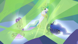 Size: 1920x1080 | Tagged: safe, screencap, princess celestia, princess luna, starlight glimmer, alicorn, pony, unicorn, g4, the ending of the end, female, happy, mare