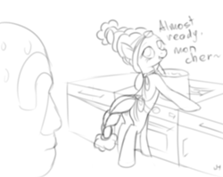Size: 800x636 | Tagged: safe, artist:alignac, meadowbrook, oc, oc:anon, earth pony, human, pony, apron, bipedal, bust, clothes, duo, female, housewife, kitchen, lineart, looking back, mare, monochrome, naked apron, open mouth, smiling, sweat, talking