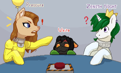 Size: 600x360 | Tagged: safe, artist:winsenta, oc, oc:zenith night, earth pony, pony, unicorn, among us, balloon, clothes, female, male, mare, spacesuit, stallion