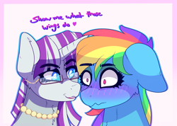 Size: 1309x933 | Tagged: safe, artist:aaa-its-spook, rainbow dash, twilight velvet, pony, unicorn, g4, blushing, cougar, duo, female, flirting, floppy ears, glasses, infidelity, jewelry, lesbian, mother, necklace, pearl necklace, shipping, shrunken pupils, this will end in divorce, velvetdash