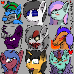 Size: 768x768 | Tagged: safe, artist:skydreams, oc, oc:blissy, oc:dioxin, oc:domino, oc:lady foxtrot, oc:move, oc:scaramouche, oc:searing cold, oc:sparky showers, oc:wander bliss, alicorn, bat pony, bat pony alicorn, changeling, dragon, earth pony, kirin, pegasus, pony, unicorn, bat wings, bloody mouth, blue screen of death, blushing, body horror, book, disguise, disguised changeling, dyed mane, ear blush, ear piercing, emoji, emotes, evil smile, eyes closed, fire, fire breath, glasses, glowing eyes, grin, heart, horn, horn piercing, industrial piercing, jewelry, kissing, nerd, nom, patreon, patreon reward, piercing, pointing, scrunchy face, shocked, shocked expression, smiling, smirk, wings, yellow eyes