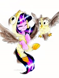Size: 1665x2220 | Tagged: safe, artist:liaaqila, owlowiscious, twilight sparkle, alicorn, bird, owl, pony, g4, animal costume, clothes, costume, cute, duo, eyes closed, female, flying, kigurumi, male, mare, marker drawing, pet, simple background, smiling, traditional art, twiabetes, twilight sparkle (alicorn), white background