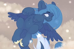 Size: 1280x854 | Tagged: oc name needed, safe, artist:macyw, oc, oc only, blue coat, blue fur, blue mane, cloud, cloudy, misleading thumbnail, not luna, snow, snowfall, thick eyebrows, unshorn fetlocks