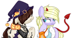Size: 1728x915 | Tagged: safe, artist:midnightmusic, nightmare moon, oc, oc only, oc:tatiana (ice1517), oc:winter jewel, demon, devil, earth pony, ghost, pony, undead, vampire, vampony, g4, bag, bandana, blank flank, candle, clothes, coat, commission, costume, devil horns, devil tail, duo, eyes closed, fake wings, female, freckles, fur coat, grin, hairband, halloween, halloween costume, hat, holiday, jack-o-lantern, mare, nightmare night costume, pumpkin, raised hoof, simple background, smiling, tape, tattoo, transparent background, witch, witch costume, witch hat, ych result