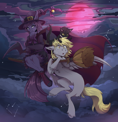Size: 2899x3000 | Tagged: safe, artist:1an1, oc, oc only, oc:golden aegis, oc:vee ness, bat pony, cat, pegasus, semi-anthro, arm hooves, broom, constellation, flying, flying broomstick, hat, high res, moon, night, witch hat