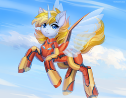 Size: 1288x1000 | Tagged: safe, artist:margony, oc, oc only, oc:allura lulamoon, oc:lacewing (goldfur), pony, unicorn, fanfic:off the mark, armor, horn, parent:oc:mark wells, parent:trixie, parents:markxie, science fiction, sky, solo, tail, wings