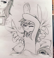 Size: 1904x2048 | Tagged: safe, artist:trickate, rainbow dash, pegasus, pony, g4, armpits, bed, chest fluff, cute, dashabetes, eyes closed, feather, monochrome, morning ponies, solo, spread wings, stretching, traditional art, waking up, wings