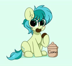 Size: 4096x3762 | Tagged: safe, artist:kittyrosie, sandbar, earth pony, pony, g4, cookie, cookie jar, cute, digital art, eating, food, green background, herbivore, high res, hoof hold, male, sandabetes, simple background, sitting, solo, tail