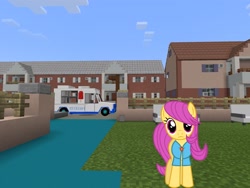 Size: 2048x1536 | Tagged: safe, artist:magister39, artist:topsangtheman, pursey pink, earth pony, pony, g4, house, ice cream truck, looking at you, minecraft, park, solo