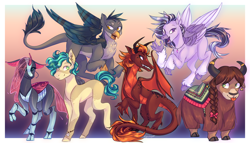 Size: 3500x2000 | Tagged: safe, artist:squishkitti, gallus, ocellus, sandbar, silverstream, smolder, yona, changedling, changeling, dragon, earth pony, griffon, hippogriff, pony, yak, g4, dragoness, female, group shot, high res, horn, male, redesign, signature, smiling, speedpaint available, stallion, student six, wings