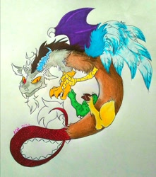 Size: 1213x1374 | Tagged: safe, artist:laphita, discord, draconequus, g4, male, signature, smiling, smirk, solo, traditional art, wings