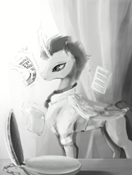 Size: 1536x2048 | Tagged: safe, artist:lewdthehorny, oc, alicorn, pony, alicorn oc, black and white, grayscale, horn, monochrome, wings