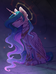 Size: 1395x1822 | Tagged: safe, artist:spookznspectres, princess celestia, alicorn, pony, g4, bracelet, ear piercing, earring, female, halo, horn, horn ring, jewelry, mare, necklace, nose piercing, nose ring, piercing, reign, ring, royalty, sitting, solo
