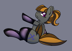 Size: 1743x1232 | Tagged: safe, artist:askhypnoswirl, oc, oc only, oc:mythic dawn, bat pony, pony, bat pony oc, bat wings, clothes, commission, female, fetish, gray background, latex, latex socks, lidded eyes, mare, ponytail, purple eyes, seductive look, shiny, simple background, socks, solo, wings, ych result