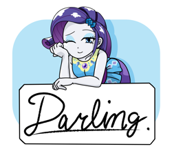 Size: 740x640 | Tagged: safe, artist:batipin, rarity, equestria girls, g4, my little pony equestria girls: better together, darling, female, geode of shielding, looking at you, magical geodes, one eye closed, rarity peplum dress, sign, solo, wink