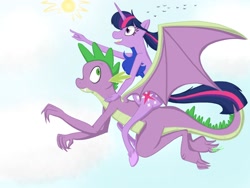Size: 1600x1200 | Tagged: safe, artist:izzyfredpony, spike, twilight sparkle, dragon, pony, anthro, g4, chest fluff, flying, ponies riding dragons, riding, twilight riding spike, winged spike, wings