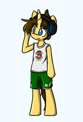 Size: 559x816 | Tagged: safe, artist:spheedc, oc, oc only, oc:dream chaser, unicorn, semi-anthro, arm hooves, bipedal, clothes, digital art, headphones, male, shorts, simple background, solo, stallion, tank top, white background