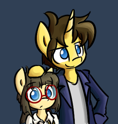 Size: 333x351 | Tagged: safe, artist:spheedc, oc, oc only, oc:dream chaser, oc:sphee, earth pony, unicorn, semi-anthro, arm hooves, bipedal, clothes, digital art, female, filly, glasses, head pat, jacket, male, pat, simple background, stallion
