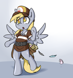 Size: 1358x1442 | Tagged: safe, artist:spheedc, derpy hooves, pegasus, semi-anthro, g4, arm hooves, bipedal, clothes, digital art, envelope, female, gradient background, hat, mail, mailmare, mare, solo