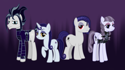 Size: 1280x719 | Tagged: safe, artist:andoanimalia, funnel web, inky rose, moonlight raven, snow hope, earth pony, pegasus, pony, unicorn, g4, clothes, eyeshadow, female, folded wings, frown, goth, group, horn, jacket, makeup, male, mare, raised hoof, skirt, stallion, standing, vector, wings
