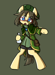Size: 646x886 | Tagged: safe, artist:spheedc, oc, oc only, oc:khyoo, earth pony, semi-anthro, arm hooves, bipedal, bottle, clothes, digital art, female, glasses, mare, meganekko, potion, satchel, simple background, solo